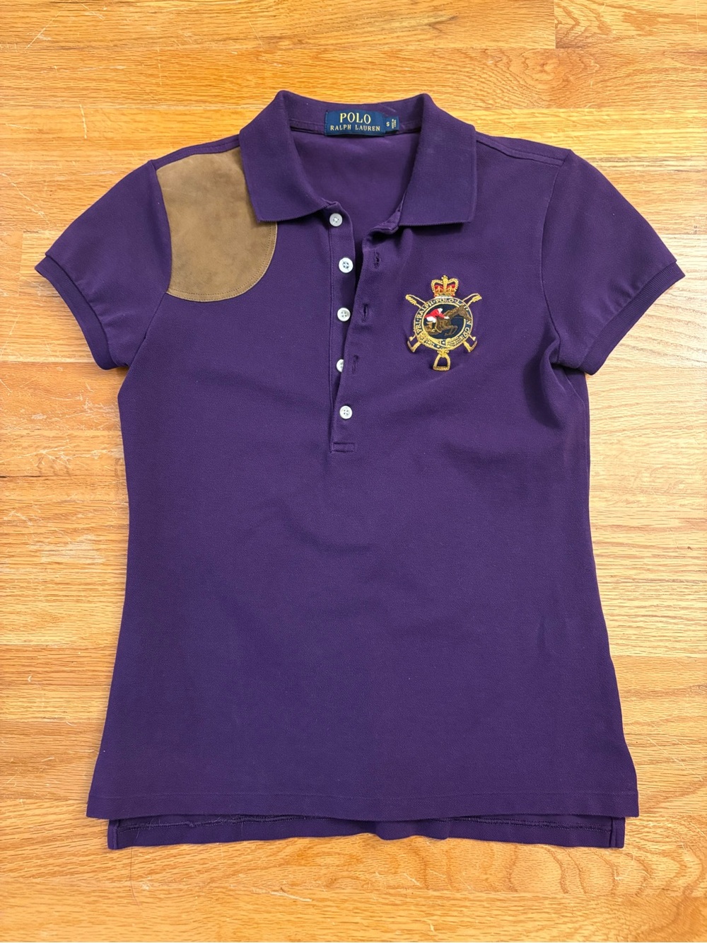 Polo Ralph Lauren Womens Polo Shirt! Suede Shoulder Patch  Equestrian Emblem